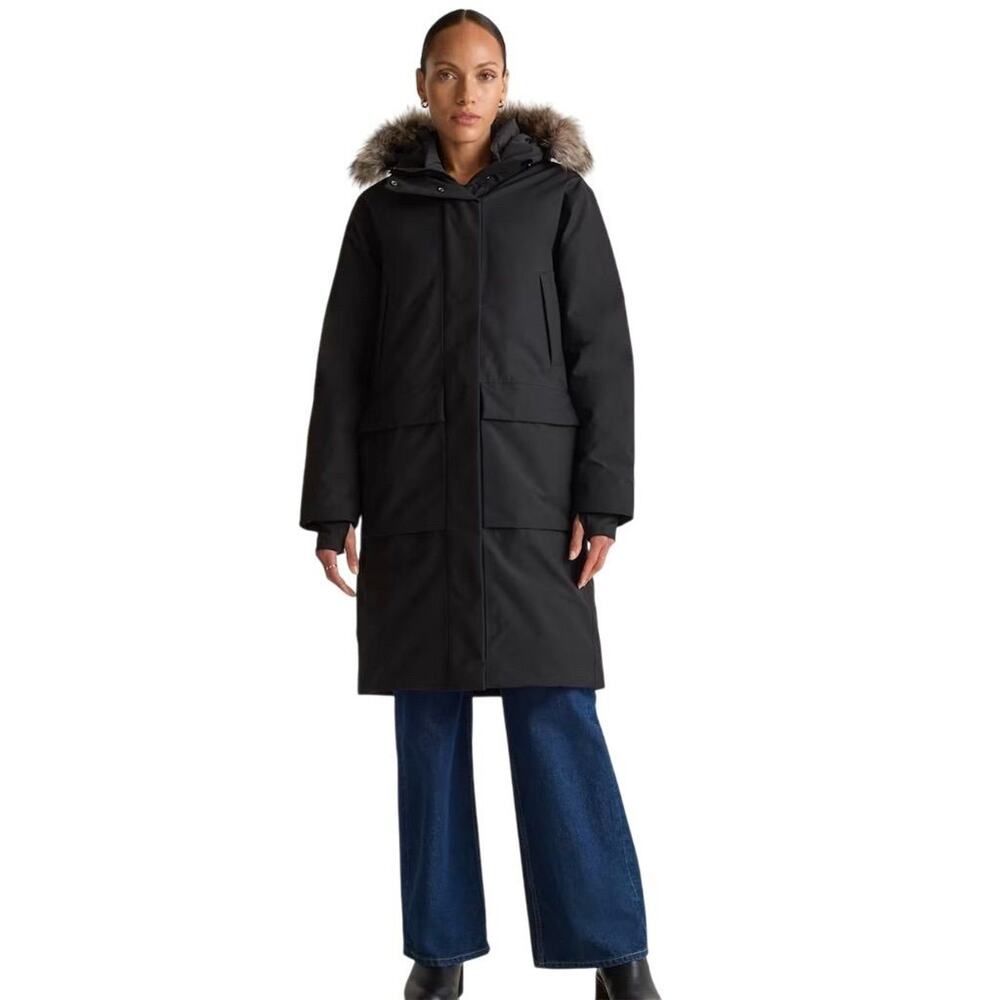 NWOT Quince Women's XL Black Responsible Down Long Parka with Faux Fur Hood $200